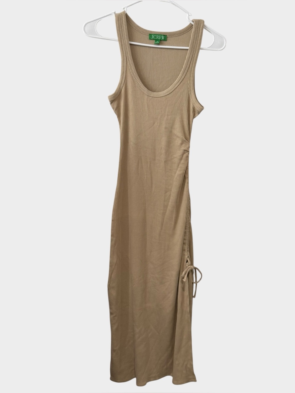 J.Crew XS Tan Ribbed Cotton Modal Side Ruched Slit Midi Tank Dress
